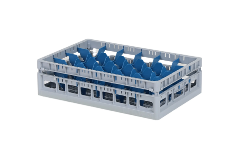 Clixrack Gläserkorb 600 x 400 mm grau - Glashöhe max. 145 mm - mit blauer 4 x 6 Facheinteilung - maximales Ø Glas 88 mm 