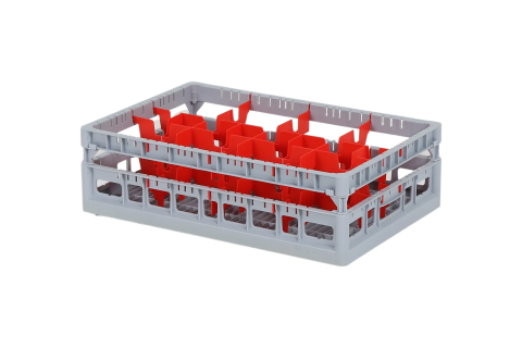 Clixrack Glass basket 600 x 400 mm gray - glass height max. 125 mm - with red 2 x 4 compartment division - maximum Ø glass 134mm 