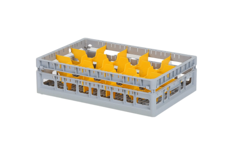 Clixrack Glass basket 600 x 400 mm gray - glass height max. 125 mm - with yellow 3 x 5 compartment division - maximum Ø glass 110mm 