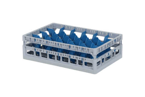 Clixrack Gläserkorb 600 x 400 mm grau - Glashöhe max. 125 mm - mit blauer 4 x 6 Facheinteilung - maximales Ø Glas 88 mm 