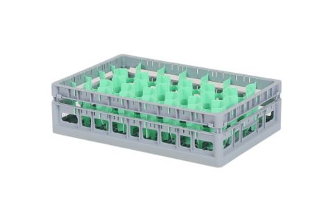 Clixrack Glass basket 600 x 400 mm gray - glass height max. 125 mm - with green 33-section compartment division - maximum Ø glass 77 mm 