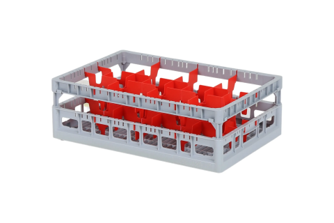 Clixrack Gläserkorb 600 x 400 mm grau - Glashöhe max. 140 mm - mit roter 2 x 4 Facheinteilung - maximales Ø Glas 134mm 