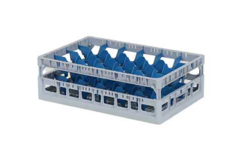 Clixrack Glass basket 600 x 400 mm gray - glass height max. 140 mm - with blue 4 x 6 compartment division - maximum Ø glass 88 mm 