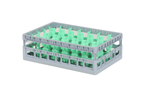 Clixrack Glass basket 600 x 400 mm gray - glass height max. 140 mm - with green 33-section compartment division - maximum Ø glass 77 mm 