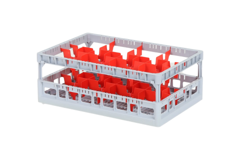 Clixrack Glaskorb 600 x 400 mm grau - Glas Höhe max. 185 mm - mit roter 2 x 4 Facheinteilung - maximales Ø Glas 134mm 