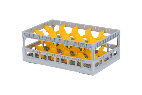 Clixrack Glass basket 600 x 400 mm gray - glass height max. 115 mm - with yellow 3 x 5 compartment division - maximum Ø glass 110mm 