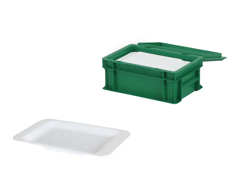 Set van dekselbak 300x200xH133mm kleur groen met 40 herbruikbare snackborden 248x153mm