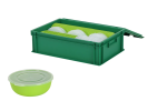 Ensemble de bac gerbable avec couvercle 600x400xH185mm en vert avec 66 bol réutilisables 0,6 litres Ø160xH55 mm avec couvercle - 1