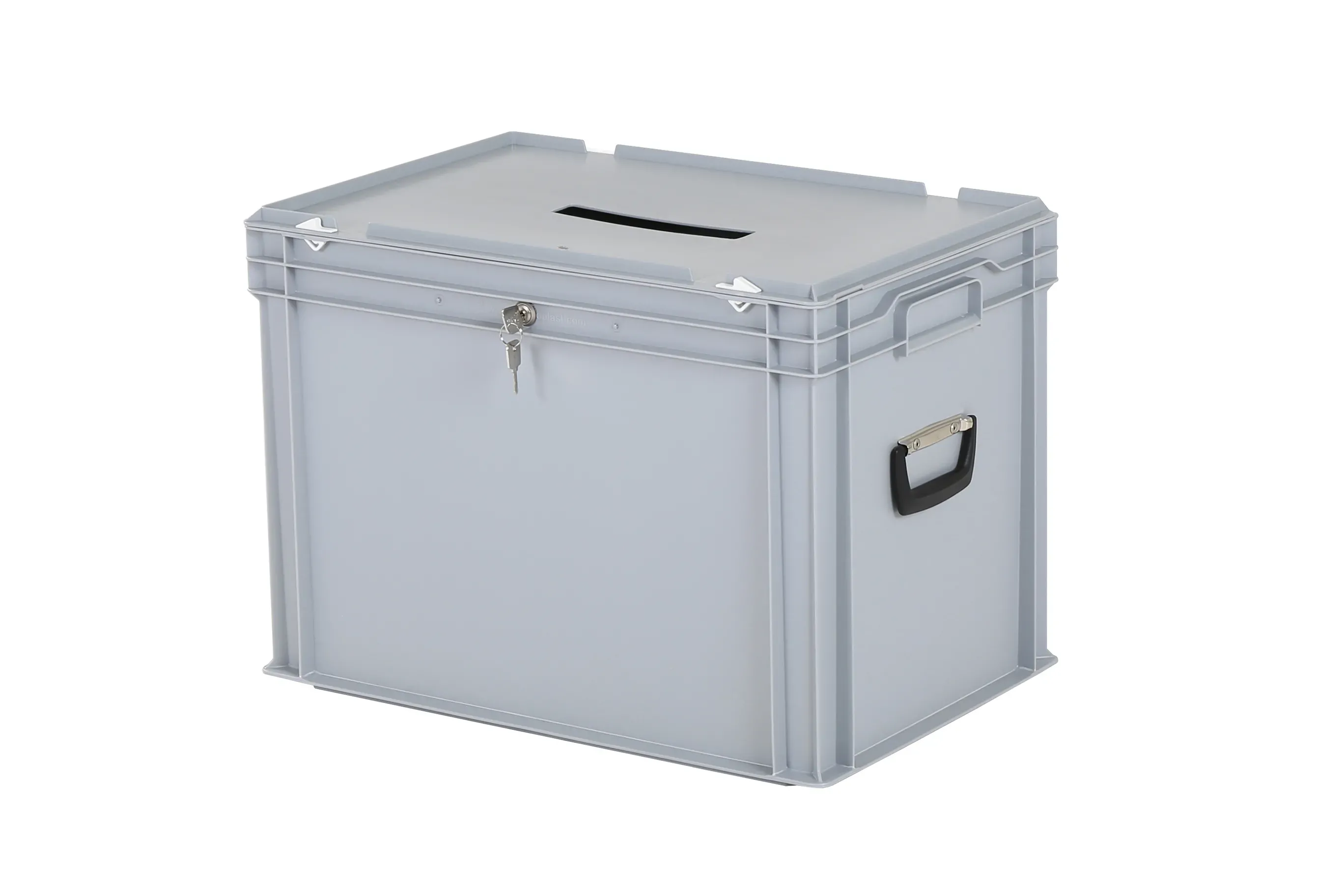 Wahlurne | Transportbox mit Einwurfschlitz und Schloss - 600 x 400 x H 439 mm - grau | Gleichschließendes Zylinderschloss 