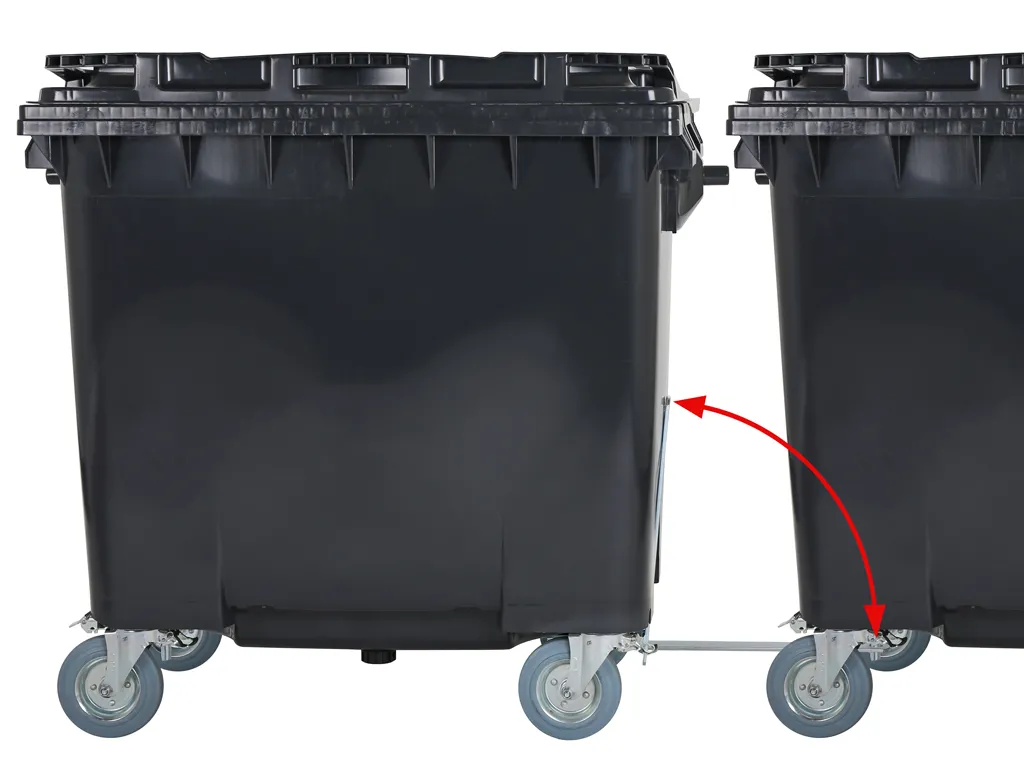 Towing coupling with spring mechanism for 4-wheel waste containers