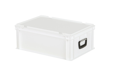 Valise - 600 x 400 x H 235 mm - blanc - bac gerbable avec couvercle et poignée (fond lisse)