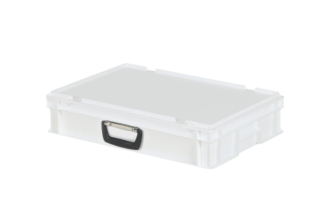 Valise - 600 x 400 x H 135 mm - Blanc - bac gerbable avec couvercle et poignée (fond lisse)