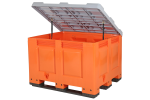 Orange Kunststoff-Palettenbox – 1200 x 1000 mm – mit grauem Deckel – 3 Kufen - 1