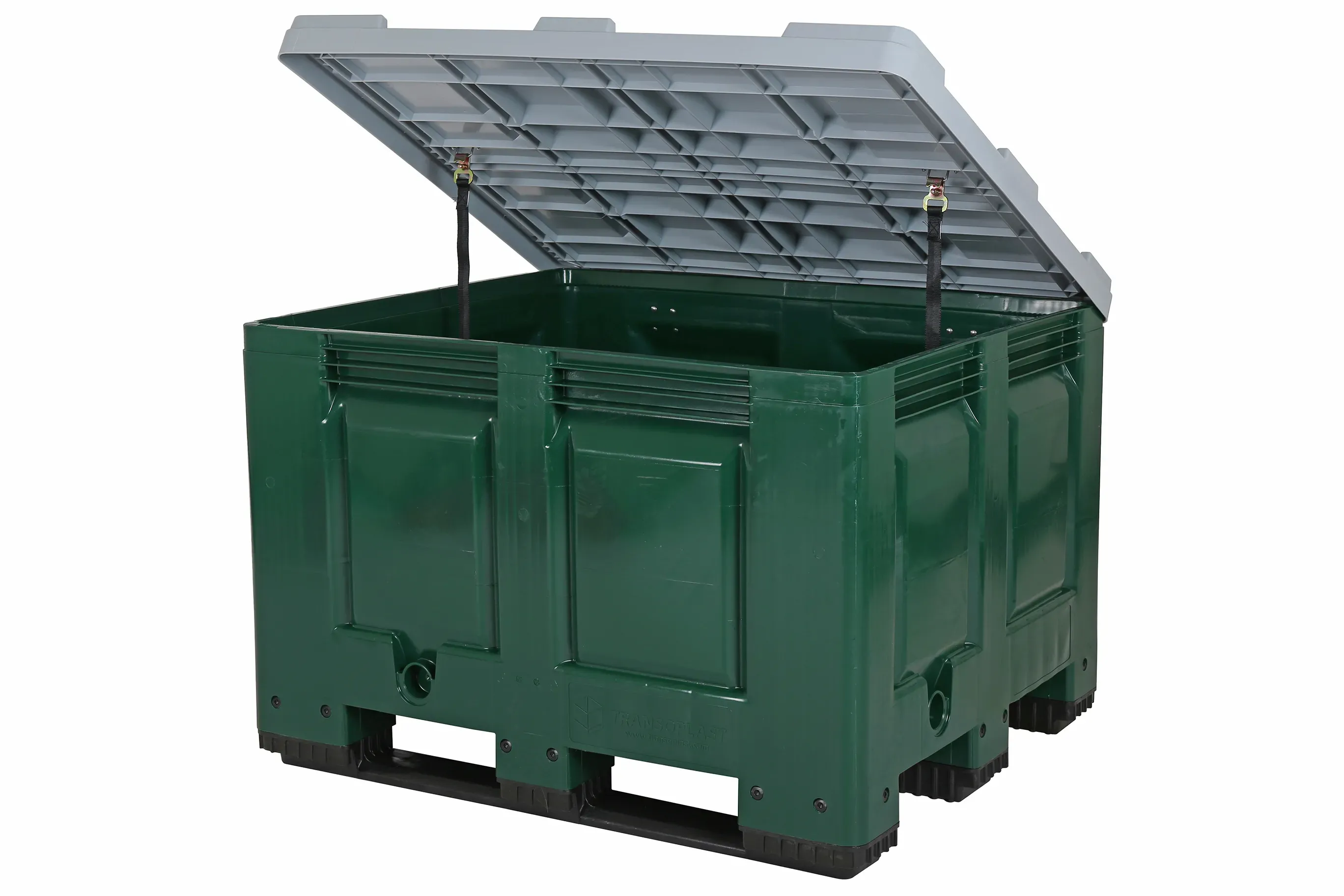 Green plastic pallet box – 1200 x 1000 mm – with grey hinged lid – 3 pallet skids