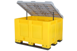 Caisse-palette en plastique jaune – 1200 x 1000 mm – avec couvercle gris articulé – 3 patins de palette - 1