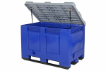 Blaue Kunststoff-Palettenbox – 1200 x 800 mm – mit grauem Deckel – 3 Kufen - 1