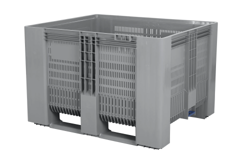 SB3 plastic palletbox - perforated - 1200 x 1000 mm - with funnel base and slide valve - on 2 runners