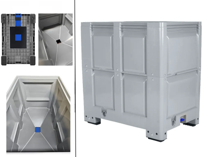 XL plastic palletbox - 1200 x 800 mm - with funnel base and slide valve - on 4 feet