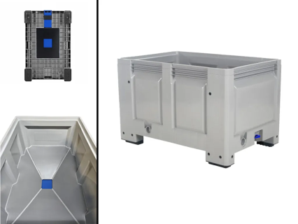 BIG BOX plastic palletbox 1200 x 800 mm - with funnel base and slide valve - on 4 feet